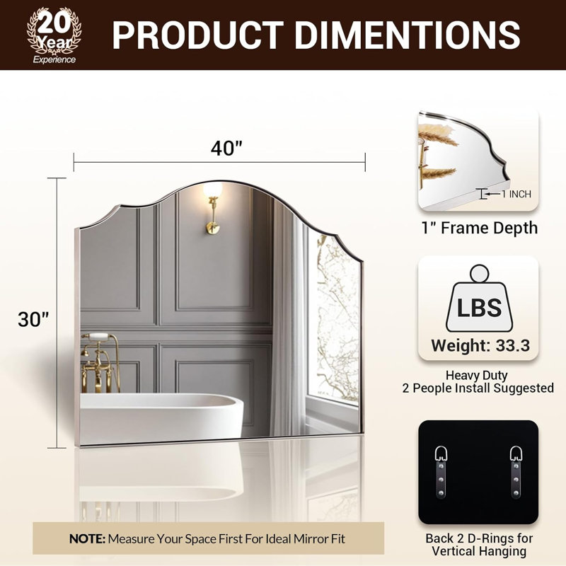 Scalloped Arch Bathroom Vanity Mirror with Curved Top | Stainless Steel Frame, Brushed Nickel, 30" x 40"