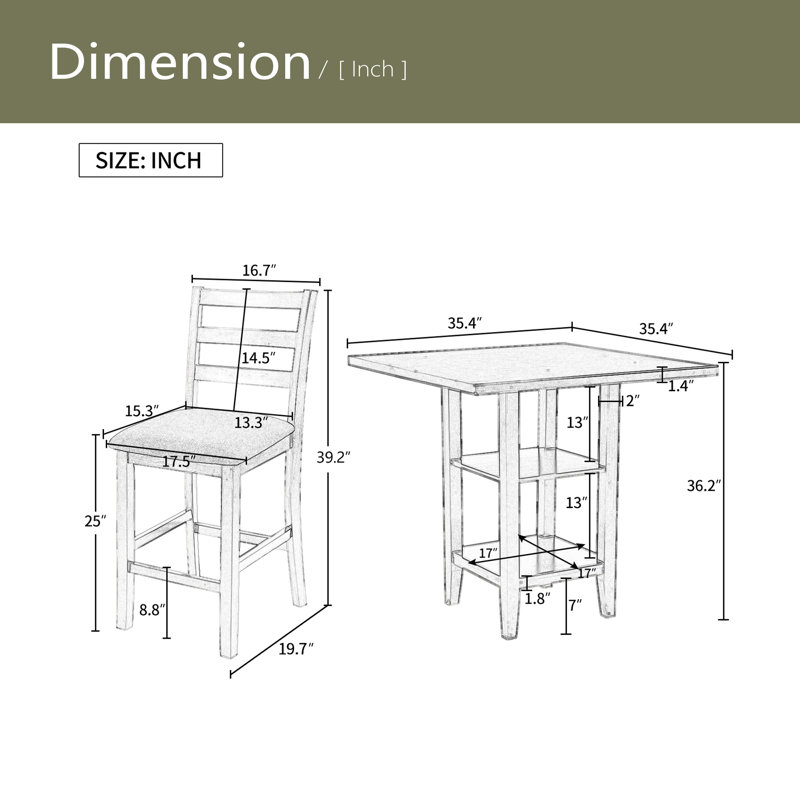Ensemble de salle à manger 5 pièces à hauteur de comptoir en bois avec chaises rembourrées et étagères de rangement, Gris