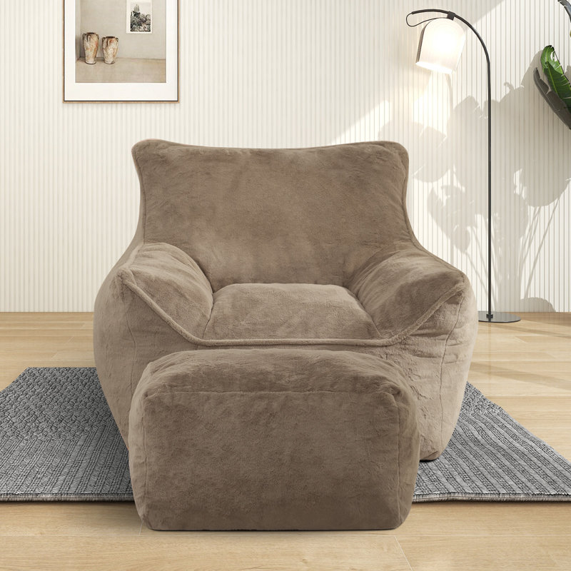 Compression Large Faux Fur Memory Foam Filled Bean Bag Chair For Adults And Kids, Light Coffee Faux Fur