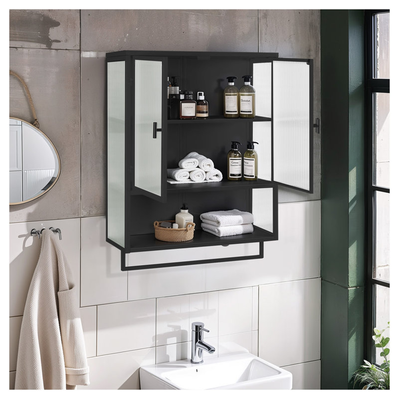 Armoire murale moderne à deux portes noire avec panneaux de verre et cadre en métal
