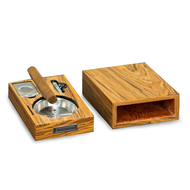Olive Wood Finish Cigar Ashtray with Cutter and Punch