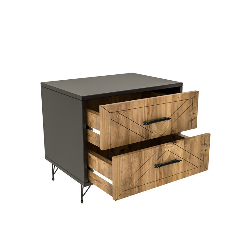 Industrial Nightstand with Metal Legs, Anthracite & Oak, 19.7 x 21.7 x 15.7 inches | 100% Melamine Coated Particle Board, CNC Relief Doors, Telescopic Drawer Slides, 2 Drawers | Geometric Design for Modern Bedrooms