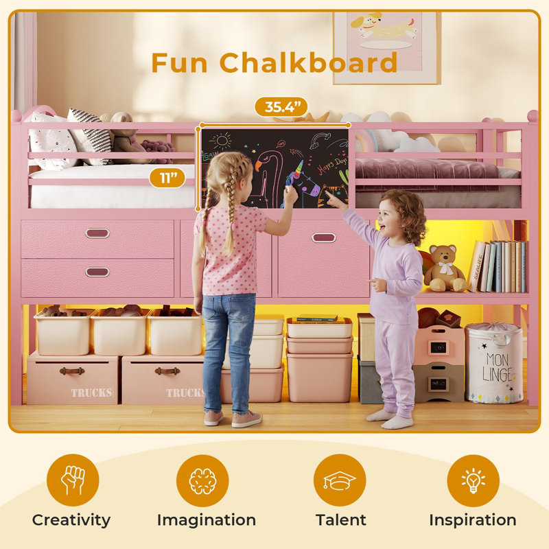 Low Loft Bed Twin Size With Trundle And Led Lights, Loft Bed With 4 Storage Drawers, Diy Pegboard, Pink, Pink