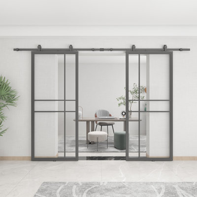 Glass and Metal Double Barn Door with Installation Hardware Kit