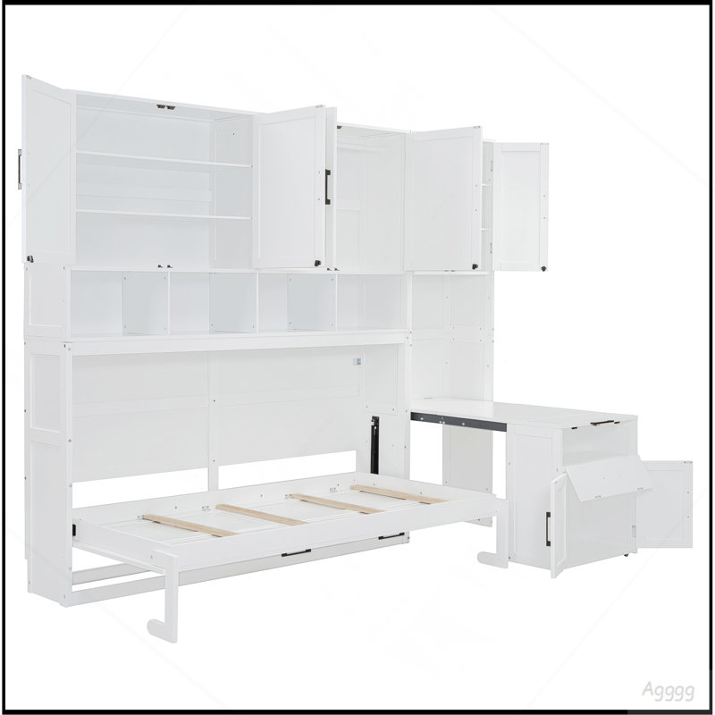 Lit escamotable simple avec placard, tiroirs et bureau, White