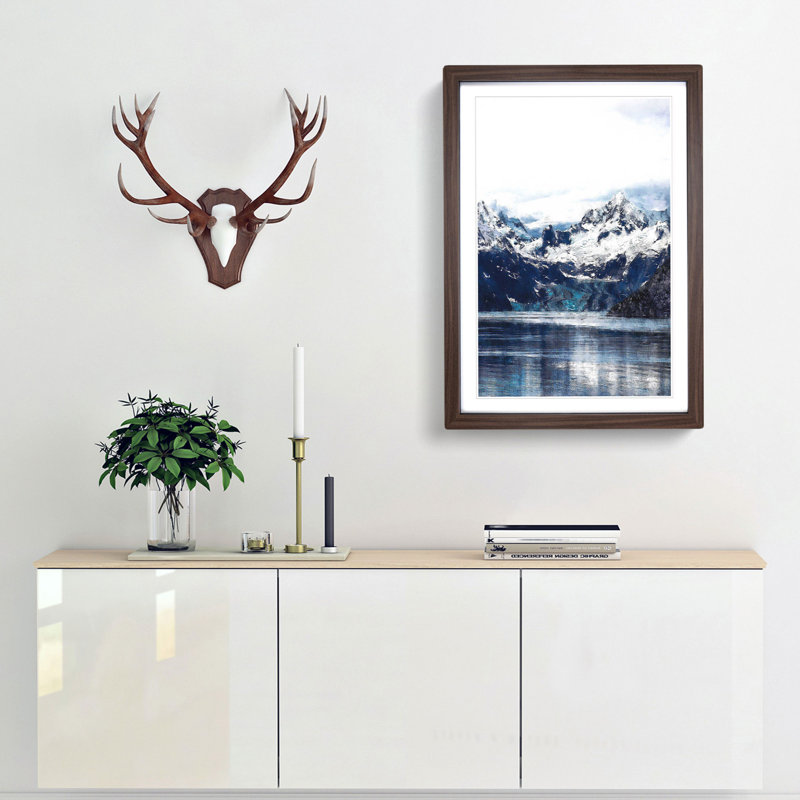 Snow Covered Mountains in Juneau Alaska - Picture Frame Painting Print, 87cm H x 62cm W x 2cm D, Walnut Framed