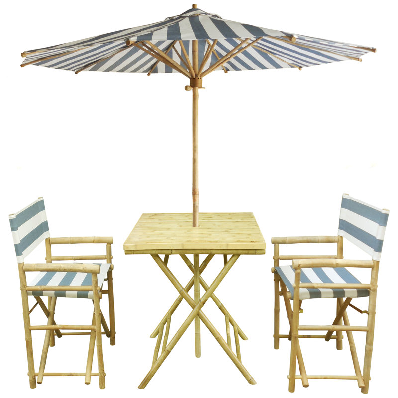 Ensemble bistro 3 pièces avec parasol Sinta, Bleu / blanc