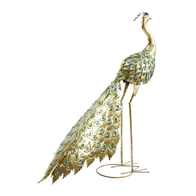 Tall Golden Peacock Statue with Jeweled Feathers