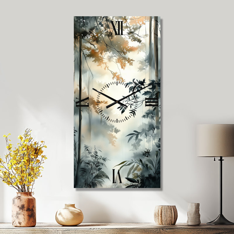 Horloge murale décorative tropicale grise Sunlit Canopy Rainforest I - Horloge murale grise, H 32 po x l 16 po - Rectangle