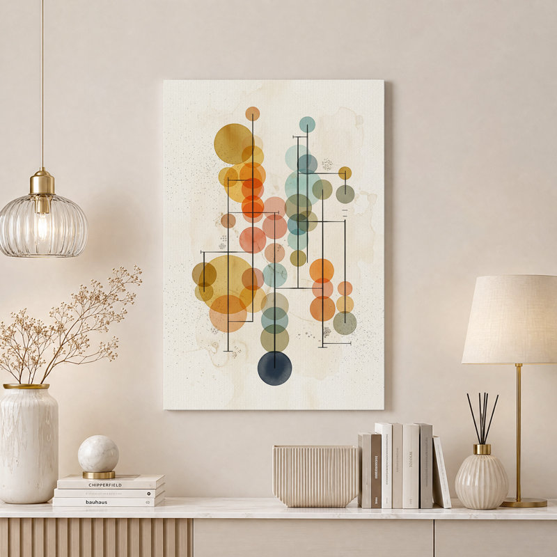 Tableau sur toile représentant des cercles turquoise et orange superposés avec des lignes noires, H 40 po x l 28 po
