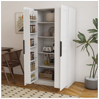 Armoire de cuisine autoportante avec tablettes et portes, rangement multifonctionnel pour les intérieurs modernes et rétro