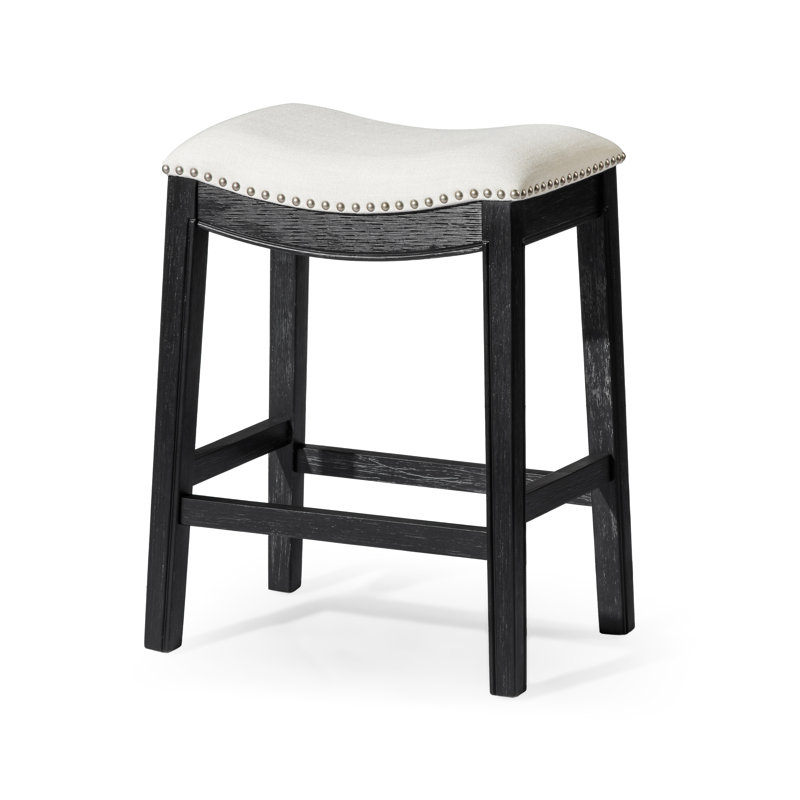 Adrien Reclaimed Oak Backless Saddle Counter Stool with Grey Fabric Upholstery