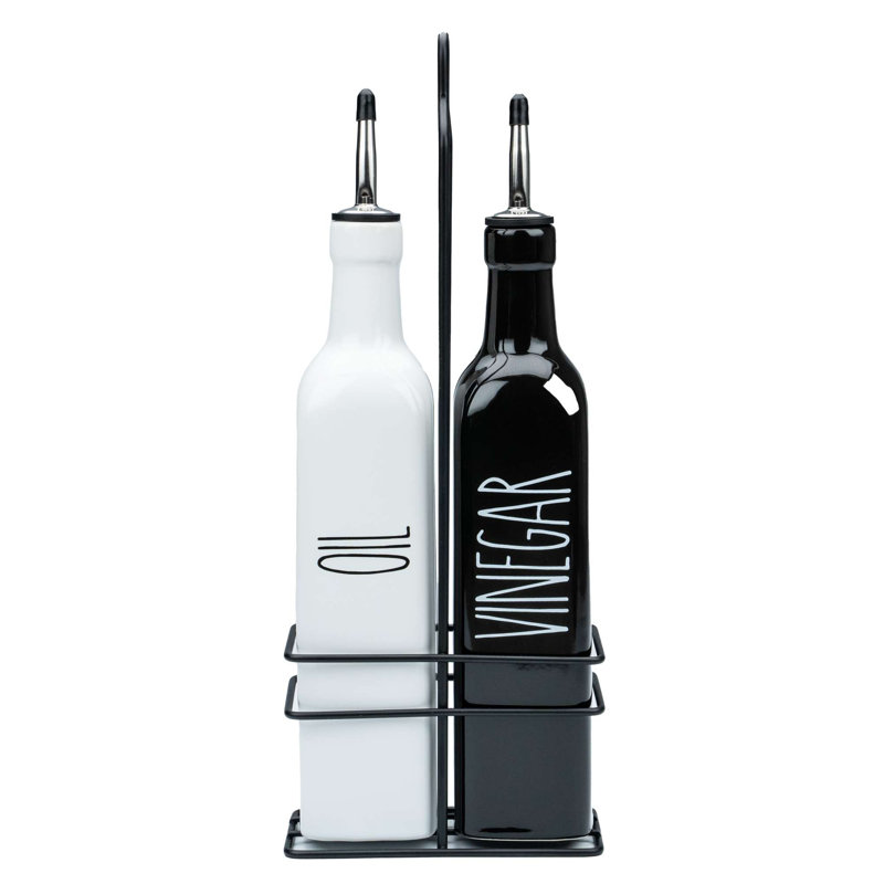 Distributeur d'huile d'olive et de vinaigre en céramique blanche, Blanc/Noir