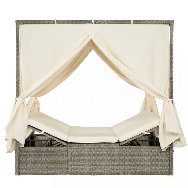 Lit de bronzage extérieur avec rideau et dossier réglable, Beige
