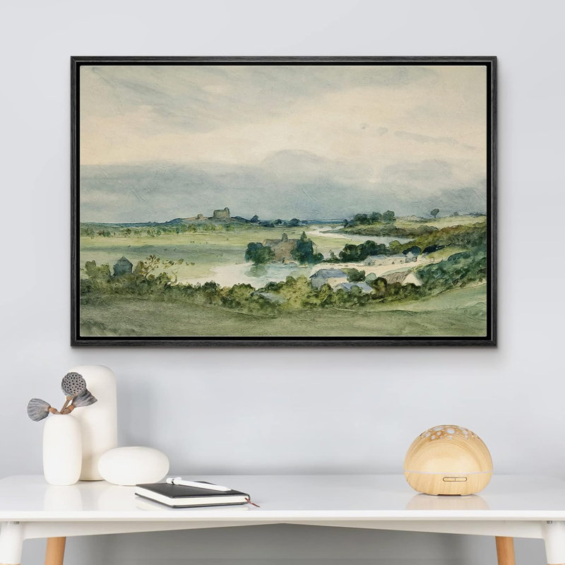 Rustic Countryside " IDEA4WALL Framed Canvas Print Wall Art Aerial View Pastel Green Forest Valley Nature Wilderness Illustrations Fine Art Decorative Rustic Multicolor For Living Room, Bedroom, Office "