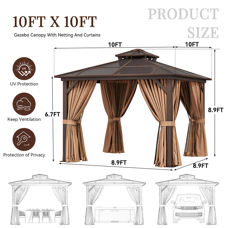 10 pi. L 10 pi. D Pavillon de jardin à toit rigide avec double toit