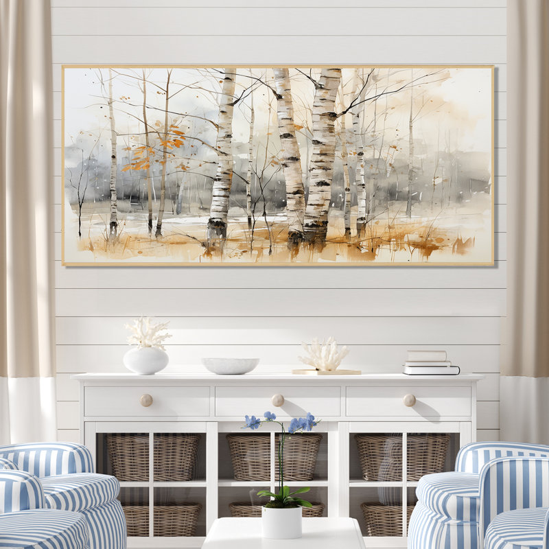 «Winter Birch Wood Forest I - Tree Birch», art mural, Cadre flottant brun, H 24 po x l 32 po x P 1 po