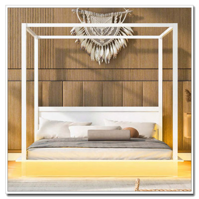 Wood LED Canopy Bed With Support Slats