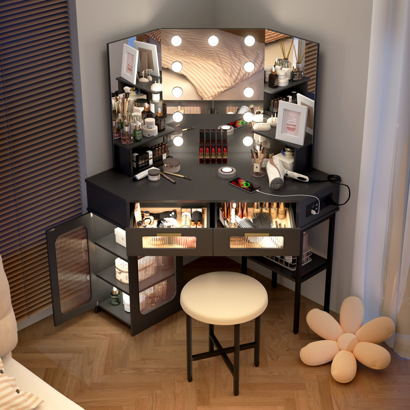 Chantle Vanity Modern Dresser with 3-Color LED Lighting & Motion Sensor, Black