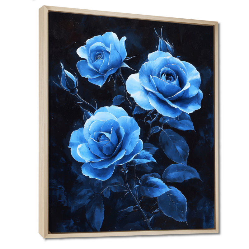 «Dark Aqua Roses Elegance At Night I», art mural sur toile Roses, H 44 po x l 34 po, Reproduction avec cadre flottant