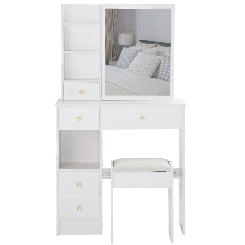 Petit meuble-lavabo de 29,2 po avec tabouret de bureau et tabouret rembourré, très grand miroir coulissant à droite, rangement multi-couches à grande capacité, commode pratique et pratique, convient aux petits espaces