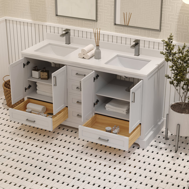 Meuble-lavabo double autoportant 60 po avec plateau en quartz blanc Maya, Blanc