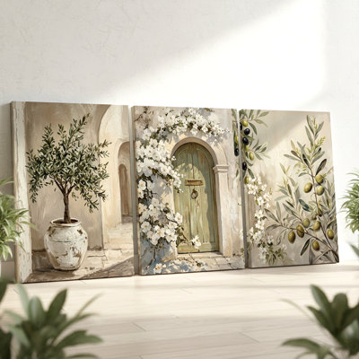 3 Pieces Mediterranean Olive Tree and Doorway Large Wall Art for Home Decor, Three Pieces Wall Art for Living Room, Bedroom, Office, and Home Decor