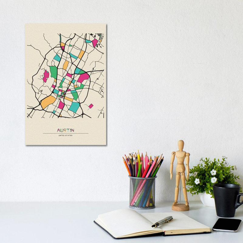 Austin, Texas Map by Ayse Deniz Akerman - Wrapped Canvas Print, 20.32 cm H x 30.48 cm W