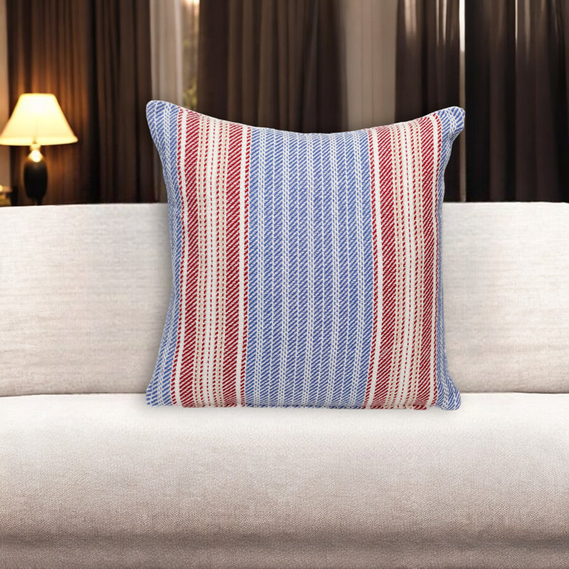Coussin décoratif en coton 16 po à rayures bleues et rouges