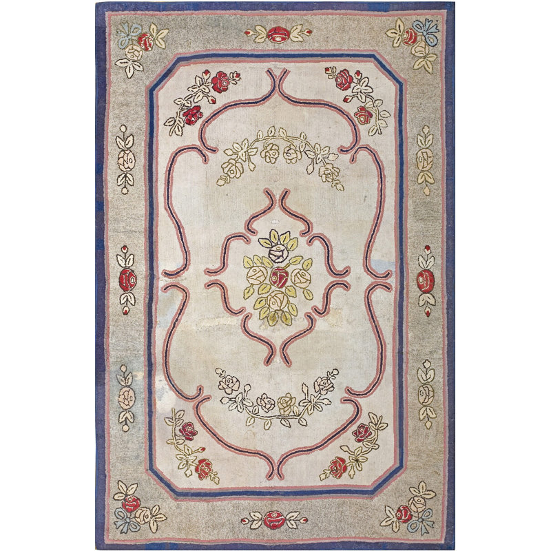 Hooked Hallway Runner 1930s Antique American Ivory Wool Rug