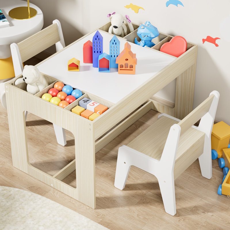  Kids Table And 2 Chairs With Blackboard, Storage Space, Toddler 3 In 1 Wooden Activity Desk Set For Drawing, Eating, Reading, Playing
