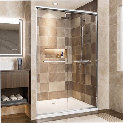 Aluminum Frame Double Sliding Shower Door, Tempered Glass Shower Door With Explosion-Proof Film And Stainless Steel Handles