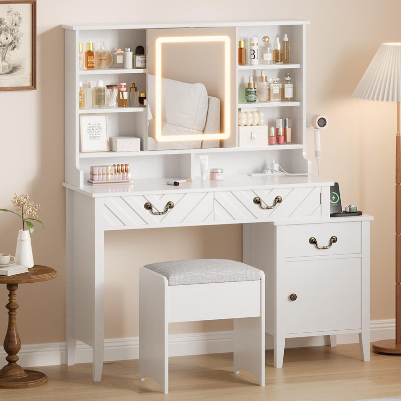 Meuble-lavabo avec miroir coulissant à DEL, table de maquillage blanche avec tabouret, tiroirs, armoire de rangement, station de charge et support pour sèche-cheveux