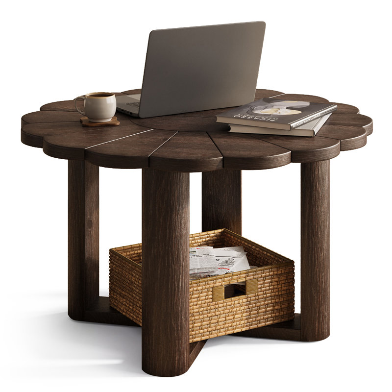 31.5" Round Solid Wood Coffee Table, Petal Shape Rattan Coffee Table with Open Display Area, Dark Brown