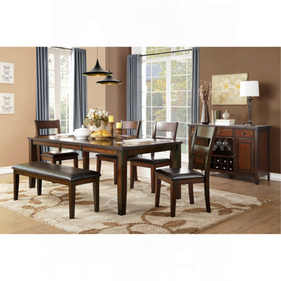 Cherry Finish Classic 6Pc Dining Set Wooden Table W Draw Leaf Bench And 4 Side Chairs Faux Leather Upholstered Durable Furniture Transitional Style Ladder Back