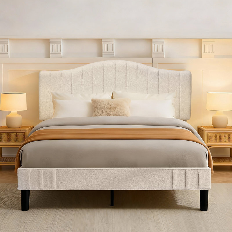 Full Size Beige Teddy Fabric Upholstered Platform Bed Frame with Height-Adjustable Headboard, Noise-Free Storage Design, No Box Spring Needed