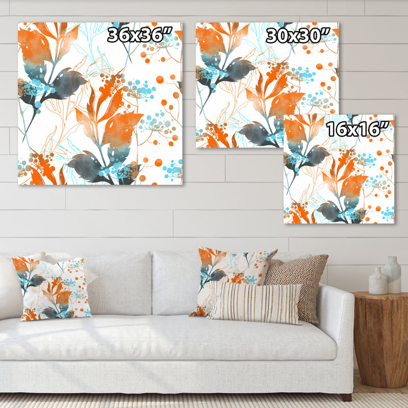 Boho orange et feuilles bleues - reproduction d'art sur toile traditionnelle, Toile tendue, H 36 po x l 36 po x P 1,5 po
