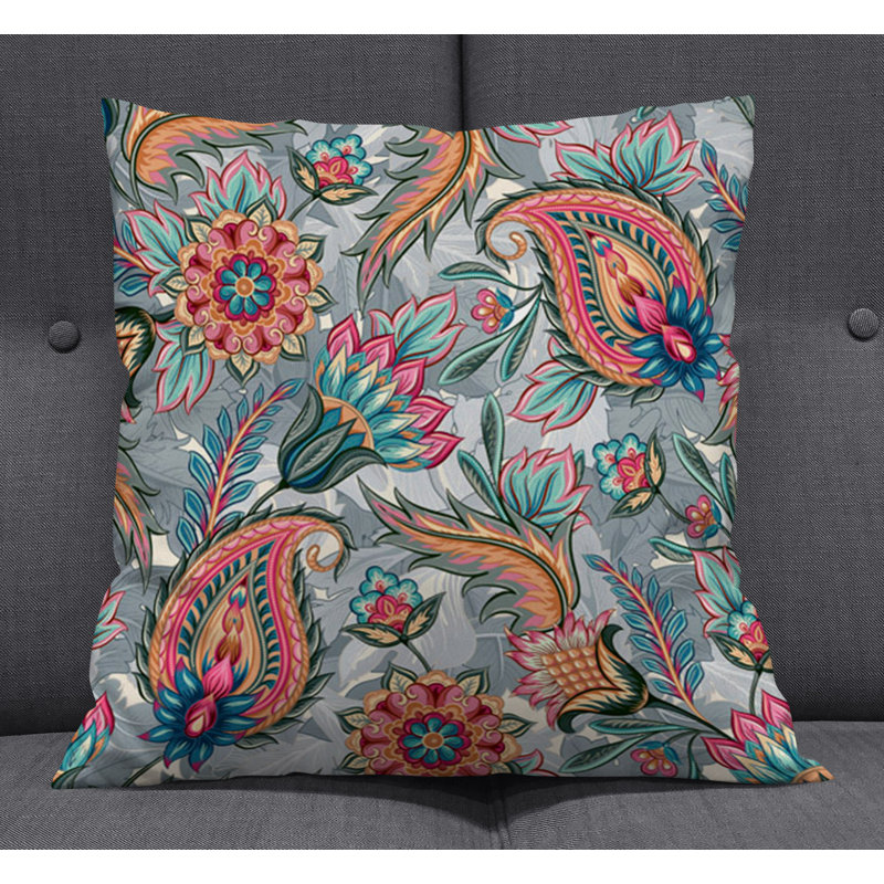Throw Pillow With Insert, 16"H x 16"W, Gray/Orange Paisley 1