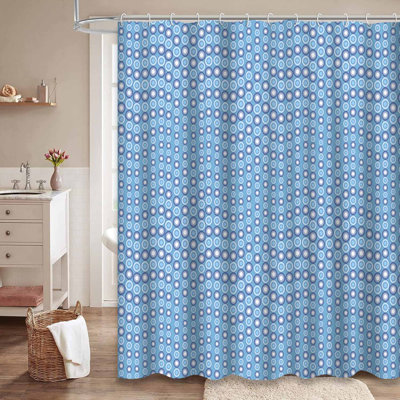 Abstract Shape Wave Round Geometric Blue Shower Curtain with 12 Hooks