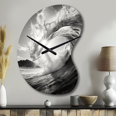 Black And White Wave Photo I - Boom Shape Unique Coastal Beach Wall Clock