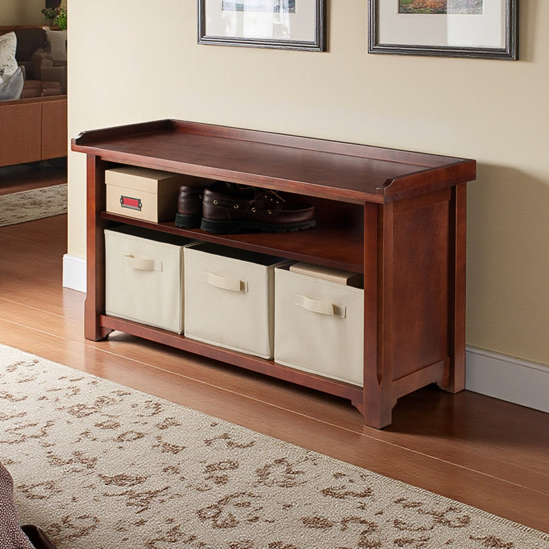 Shonta 4-Piece Storage Bench with 3 Foldable Fabric Baskets in Brown, 21.83" H X 39.72" W X 13.94" D, Beige