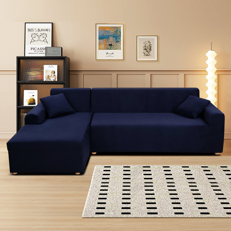 Thick Velvet L-Shaped Sofa Cover - Sectional Sofa Cover With 2 Throw Pillow Covers, Navy