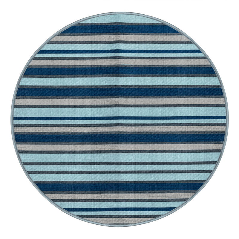 Washable Ice Blue Light Gray Striped Area Rug, Round 7'