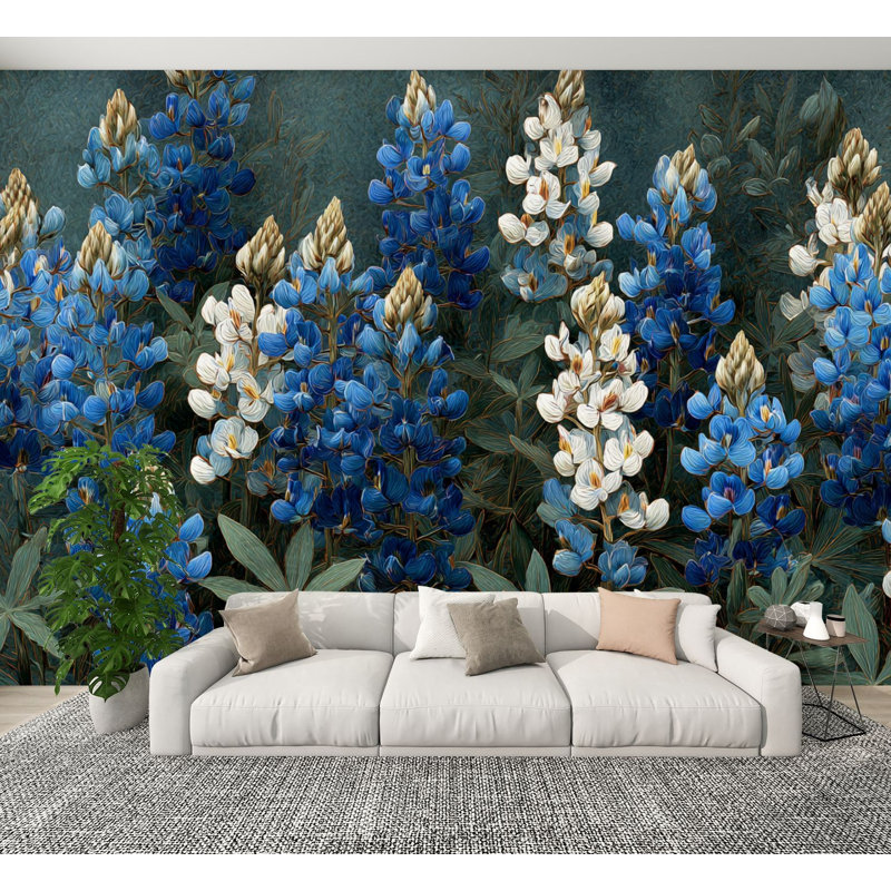 Papier peint adhésif mural à motif floral rétro H 100 po x l 144 po mural auto-adhésif amovible en PVC Bluebonnet