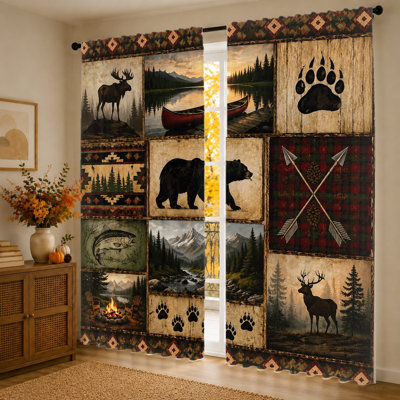 2Pcs Wilderness Scene Curtains, Moose, Bear, Deer, Fish, Mountains, Forest, Campfire, Canoe, Woodland Animal Print, Nature Landscape, Light Filtering, Privacy Protection, Rod Pocket Design, Rustic Home Decor