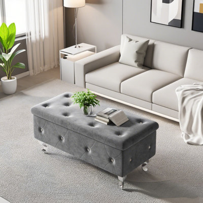 Storage Ottoman Bench For Bedroom, Velvet Upholstered Entryway Bench With Button Tufted, Folding Storage Bench With Legs & Safety Hinge For Living Roo by Mercer41