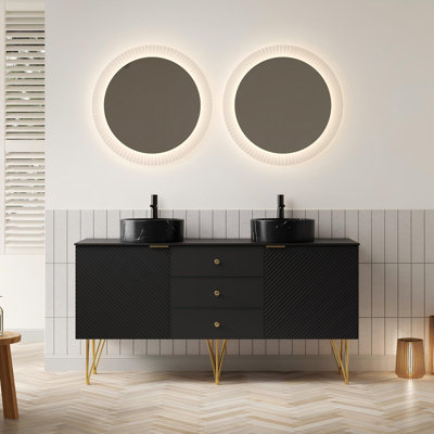 60" Modern Black Freestanding Bathroom Vanity With Dual Black Stone Vessel Sinks, Gold Legs, Sintered Stone Top & Ample Storage – Pre-Assembled