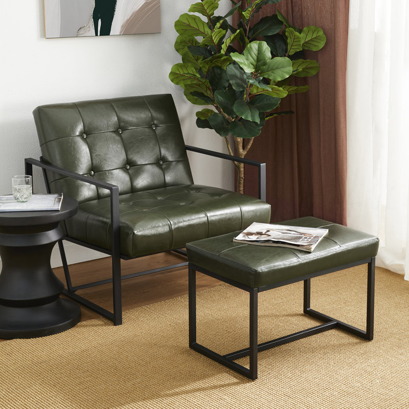 Buren Faux Leather Armchair with Ottoman, Green Faux Leather