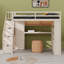 Structure de lit mezzanine avec garde-robe intégrée, bureau d'étude, tablettes de rangement-691665744