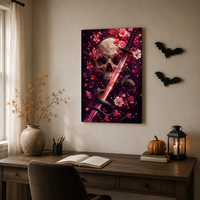Art sur toile, crâne foncé et rouge Katana, 24"H x 16"W
